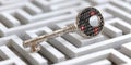 Generative AI Vintage Key With Binary Code Overlay On Maze Symbolizing Data Security and Cybersecurity Solutions Royalty Free Stock Photo