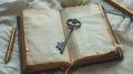 Vintage key on an open old book with yellowed pages. Royalty Free Stock Photo