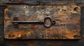 Vintage key on a rustic wooden plank background. Old key symbolizing security, secrecy or mystery. Weathered textures Royalty Free Stock Photo