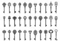 Vintage key silhouettes. Chest secret keys graphics, ornate victorian room antique clef icons, old clue skeleton objects Royalty Free Stock Photo