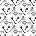 Vintage key vector seamless pattern. Keys in hand draw style. Black and white.