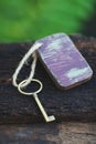 Vintage key with wooden home keyring hanging on old wood plank with blur green garden background, copy space Royalty Free Stock Photo