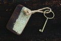 Vintage key with wooden home keyring hanging on old wood plank with blur green garden background, copy space Royalty Free Stock Photo