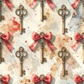 Vintage Keys with Bows Watercolor Pattern Royalty Free Stock Photo