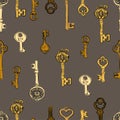 Vintage keys, bronze, gold, silver. Drawing on a transparent background. Choose your own background color. Pattern, desktop wallpa