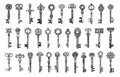 Vintage keys engraving. Old antique key set sketch drawing, secret ornat medieval clefs, treasure renaissance victorian