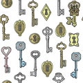 Vintage keys golden and silver and keyholes isolated on white vector seamless pattern. Illustration of antique keys and Royalty Free Stock Photo