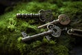 Vintage keys on green moss plant. Generate ai Royalty Free Stock Photo