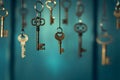 Vintage Keys Hanging on Blue Royalty Free Stock Photo