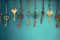 Vintage Keys Hanging on Blue Royalty Free Stock Photo