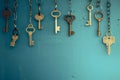 Vintage Keys Hanging on Blue Royalty Free Stock Photo