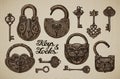 Vintage Keys and Locks. Hand-drawn collection of vector retro objects