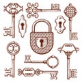 Vintage keys, locks and padlocks hand drawn vector illustration Royalty Free Stock Photo