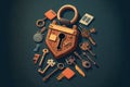 vintage keys and padlock overhead lay flat composition security concept Royalty Free Stock Photo