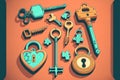 vintage keys and padlock overhead lay flat composition security concept Royalty Free Stock Photo