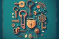 vintage keys and padlock overhead lay flat composition security concept Royalty Free Stock Photo