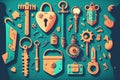 vintage keys and padlocks overhead lay flat composition security concept Royalty Free Stock Photo