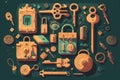 vintage keys and padlocks overhead lay flat composition security concept Royalty Free Stock Photo