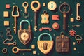 vintage keys and padlocks overhead lay flat composition security concept Royalty Free Stock Photo