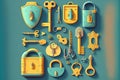 Vintage keys and padlocks overhead lay flat composition security concept Royalty Free Stock Photo