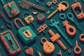 vintage keys and padlocks overhead lay flat composition security concept Royalty Free Stock Photo