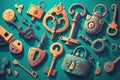 vintage keys and padlocks overhead lay flat composition security concept Royalty Free Stock Photo