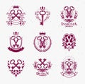 Vintage keys vector logos or emblems, heraldic design elements big set, classic style heraldry turnkeys symbols, antique secrets