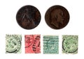 Vintage King Edward VII penny stamps and coins from the United Kingdom. Royalty Free Stock Photo