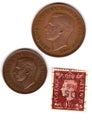 Vintage King George VI coins and postage stamp from the United Kingdom.