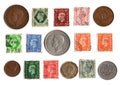 Vintage King George VI postage stamps coins from the United Kingdom. Royalty Free Stock Photo