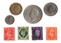 Vintage King George VI postage stamps coins from the United Kingdom.
