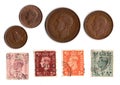 Vintage King George VI postage stamps coins from the United Kingdom. Royalty Free Stock Photo