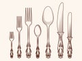 Vintage kitchen cutlery objects sketch