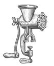 Retro manual mechanical meat grinder. Vintage kitchen equipment sketch. Engraved vector illustration