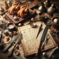 Vintage kitchen with old cutlery and grandmother recipe and cooked game on a wooden table