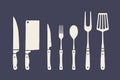 Vintage kitchen set. Set of meat cutting knife, fork, spoon