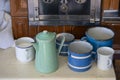 Vintage Kitchen Setup with Enamelware in Kourim Royalty Free Stock Photo
