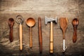 Vintage kitchen utensils, cooking tools, on wooden background Royalty Free Stock Photo