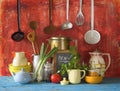 vintage kitchen utensils and food Royalty Free Stock Photo