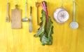 Vintage kitchen utensils and Swiss chard vegetable