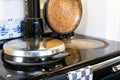 Vintage kitchen wood stove antique design close-up iron stove Royalty Free Stock Photo