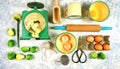 Vintage kitchenware creative layout top view on white textured background. Royalty Free Stock Photo