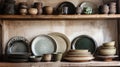 Vintage kitchenware and rustic ceramic dishes on a shelf. Royalty Free Stock Photo