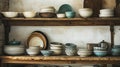 Vintage kitchenware and rustic ceramic dishes on a shelf. Royalty Free Stock Photo