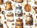 Vintage Kitchenware Watercolor Pattern - Rustic Charm and Nostalgic Design Royalty Free Stock Photo