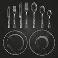 Vintage knife, fork, spoon and dishes in sketch engraving style. Hand drawing cutlery on blackboard