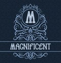 Vintage label design template for magnificent product. Vector monogram with text on patterned background