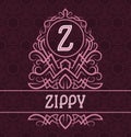 Vintage label design template for zippy product. Vector monogram with text on patterned background