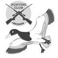 Vintage label with a duck, weapons for lucky hunting club. Vector