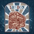 Vintage label with English bus on the grunge background. Retro poster in sketch style ' I love lond Royalty Free Stock Photo